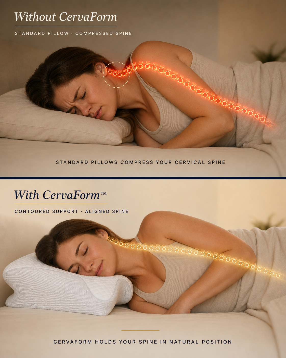 Comparison of a woman sleeping with a standard pillow and CervaForm pillow showing spine alignment.