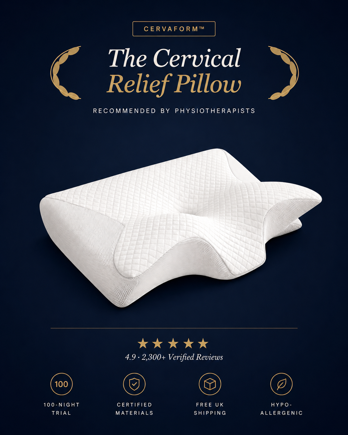 Cervical relief pillow with Cervaform branding on a dark blue background
